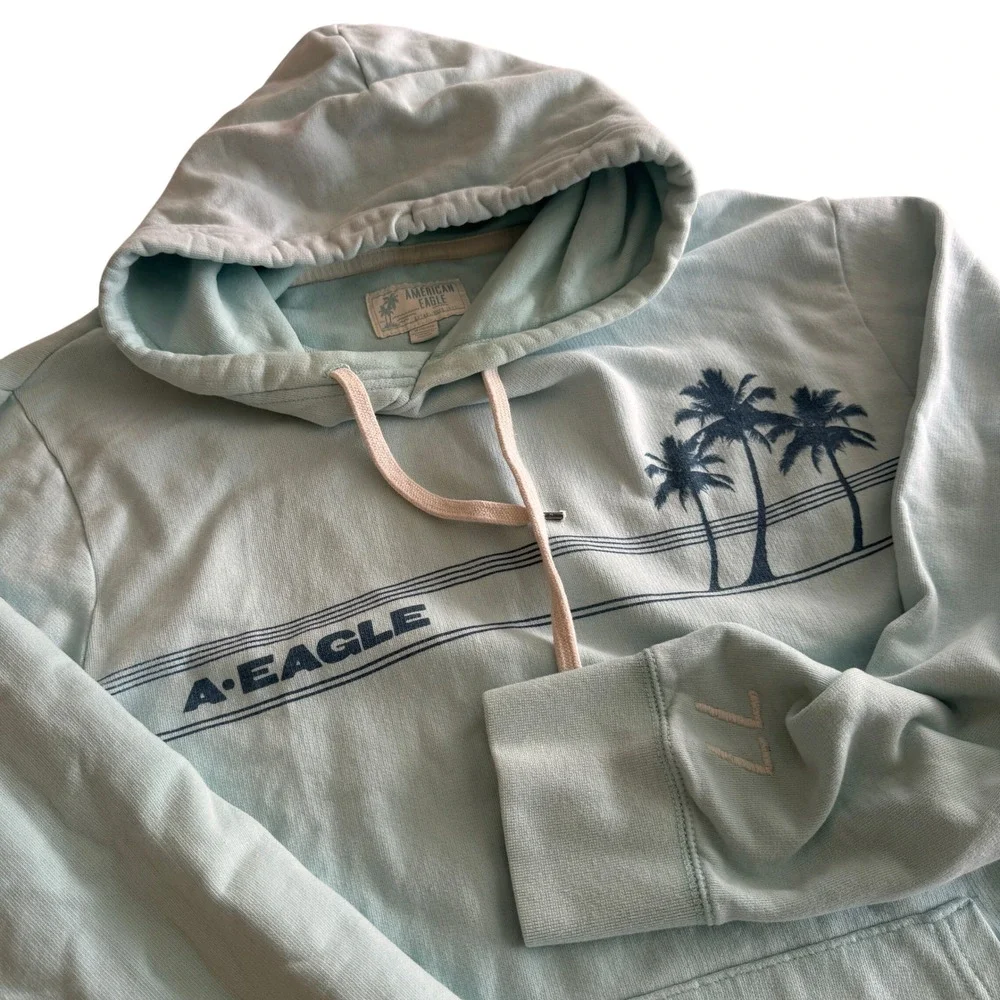 Vtg American Eagle Bonfire Hoodie M Seafoam Palm Tree‎ Graphic Y2K Pullover